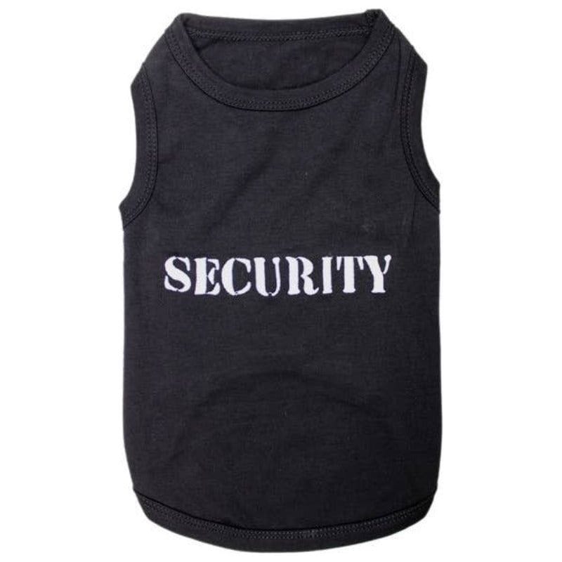 Black dog T-shirt with embroidered SECURITY lettering on front