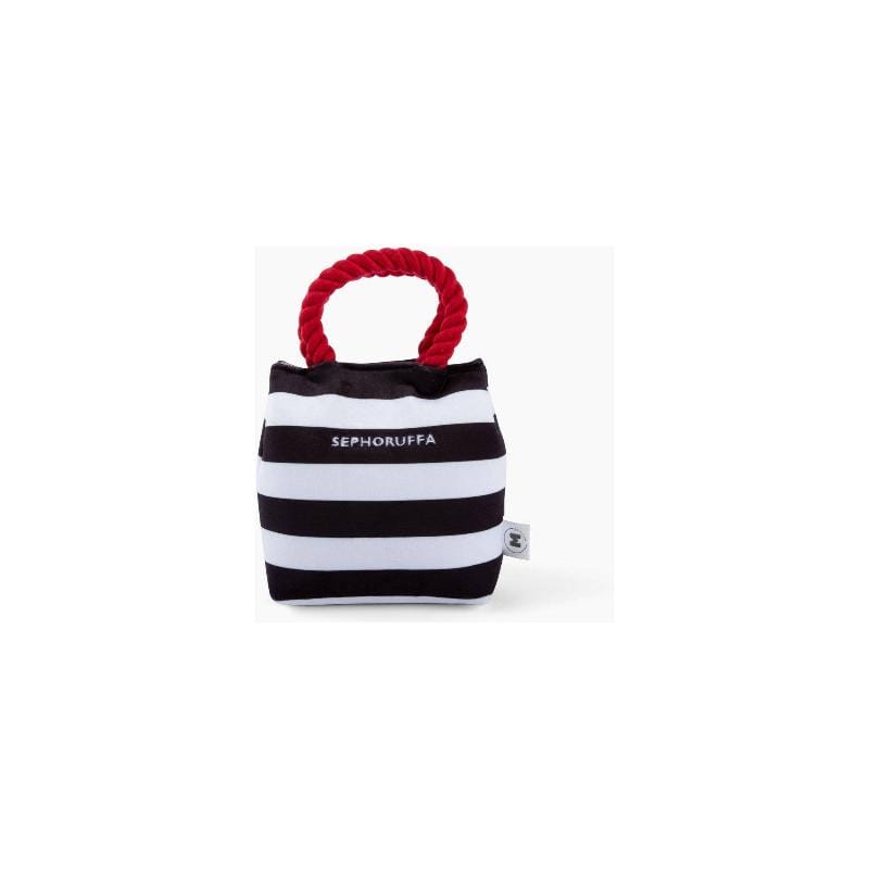 Striped plush shopping-bag dog toy with red rope handle and 'Sephoruffa' label