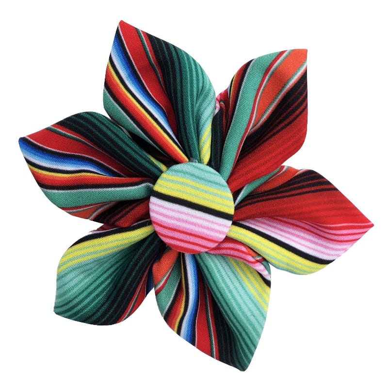 Multicolor striped pinwheel bow for pet collar attachment with tied center