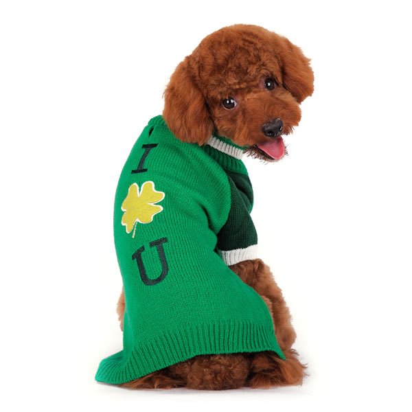 Green knit pet sweater with white striped collar and shamrock I U graphic on sleeve