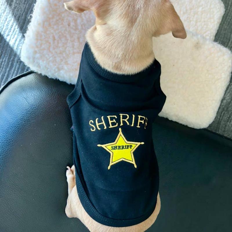 Dark dog t-shirt with gold sheriff star embroidery and text