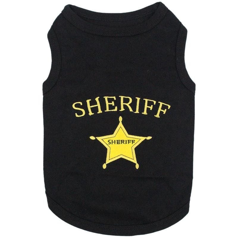 Black dog t-shirt with gold embroidered sheriff star and lettering