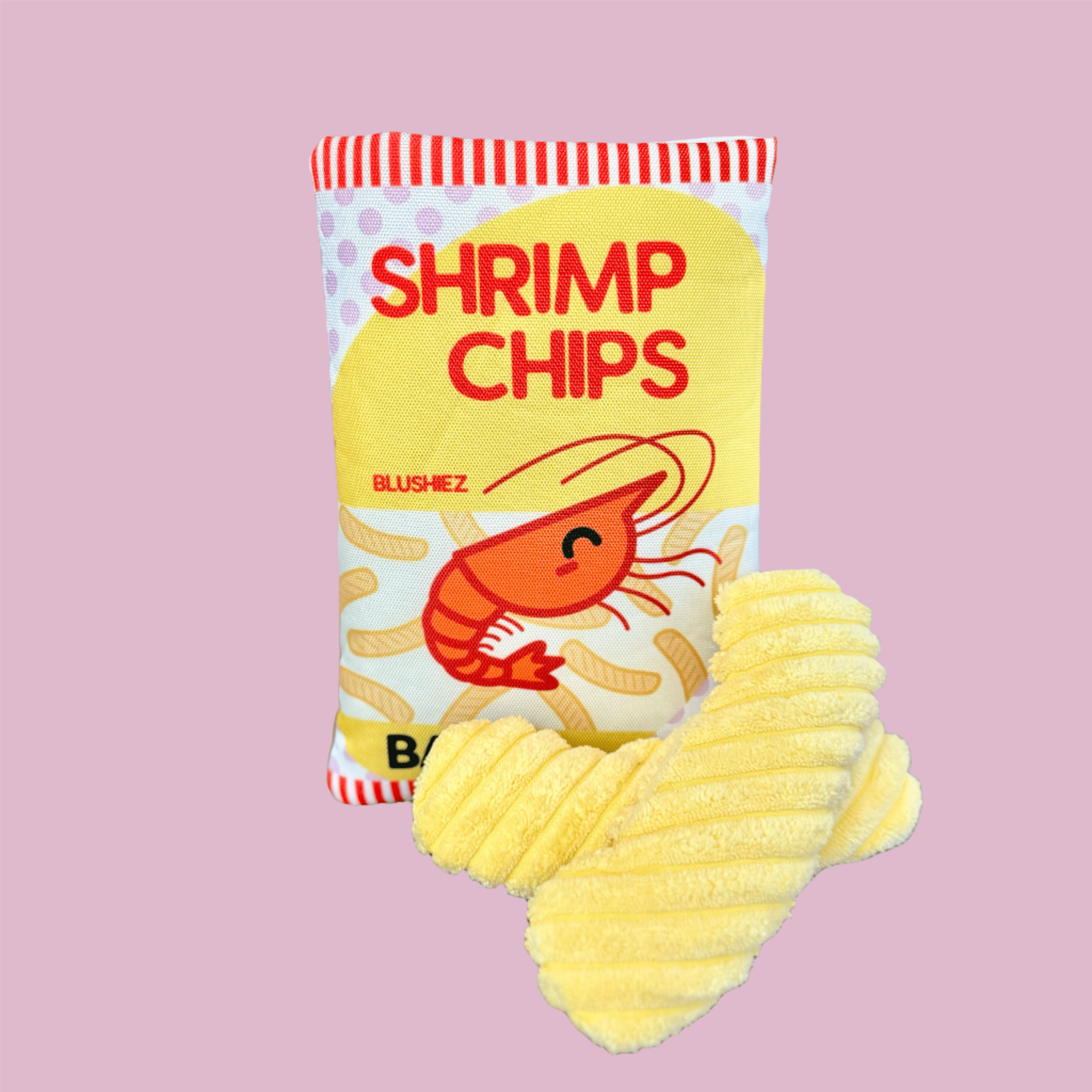 Plush dog chip bag toy, yellow snack pieces with stitched red-striped top