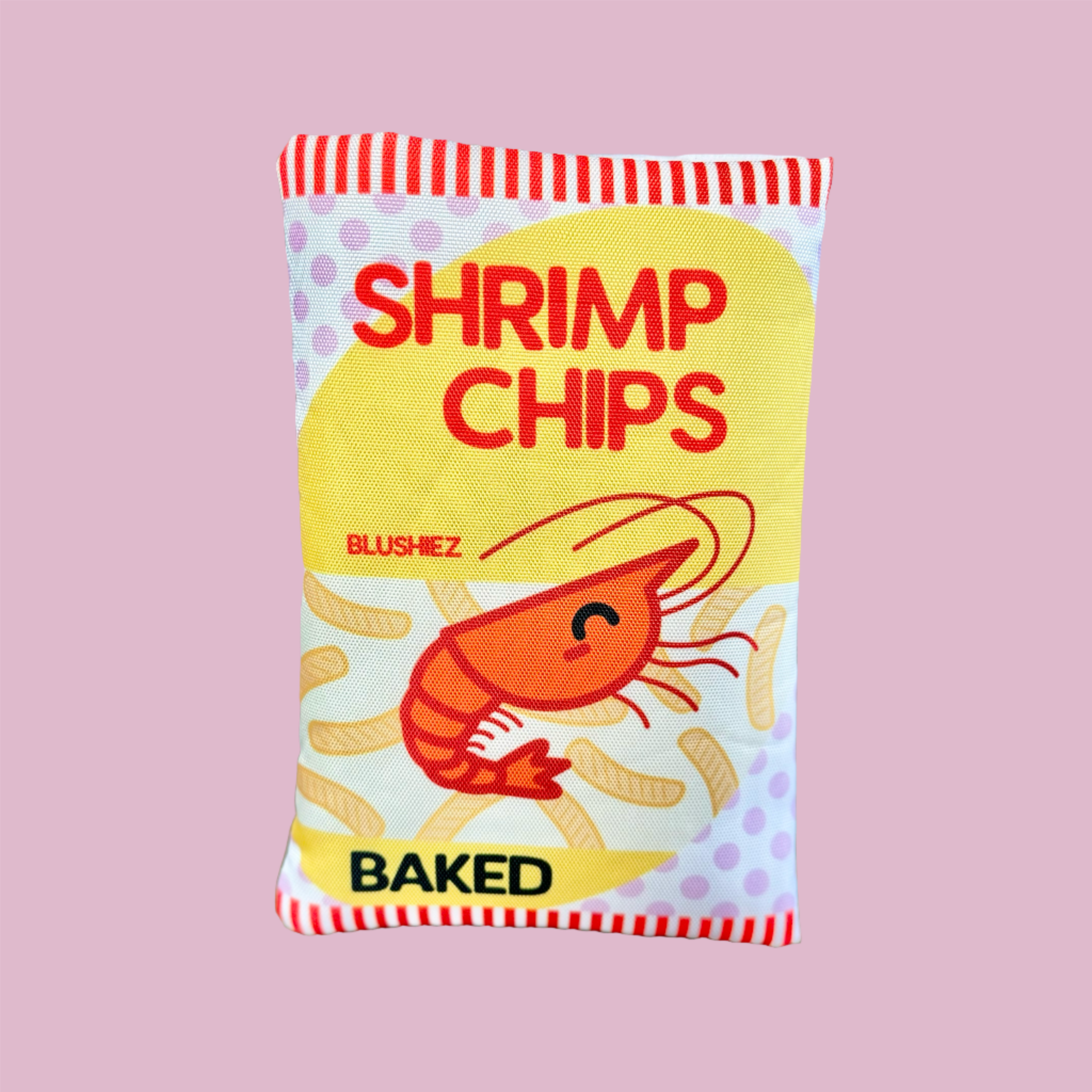 Yellow plush snack pouch dog toy with red striped top and shrimp chips print