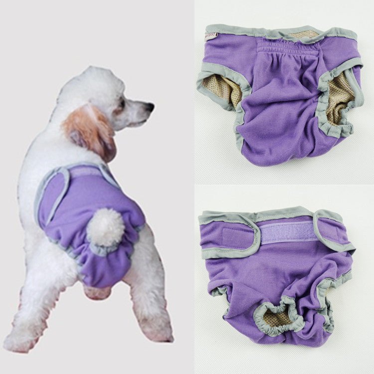 Purple dog menstrual pants with elastic waist, green-trim leg openings and inner pad