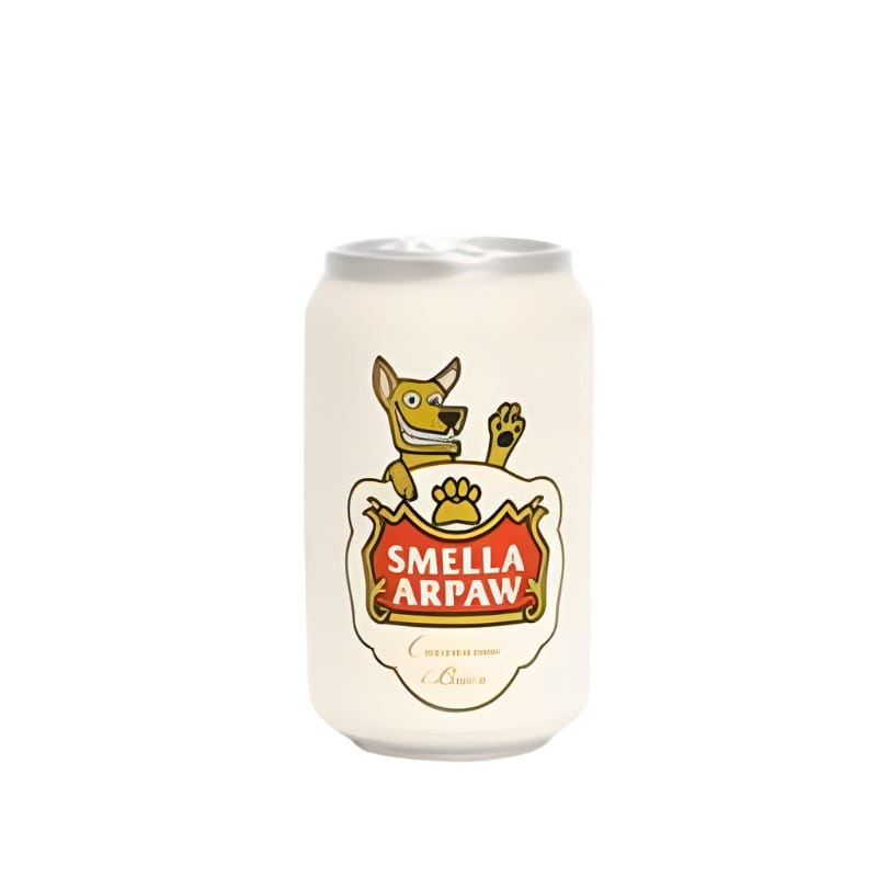 Vinyl dog can toy with Smella Arpaw logo graphic, durable squeaker-style design