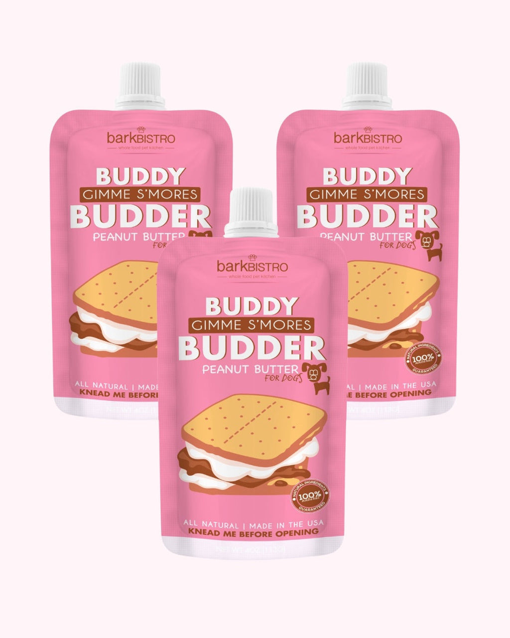 Gimme S'mores Buddy Budder Bundle (Trio 4oz Squeeze Packs) - 100% all natural dog peanut butter, Made in USA