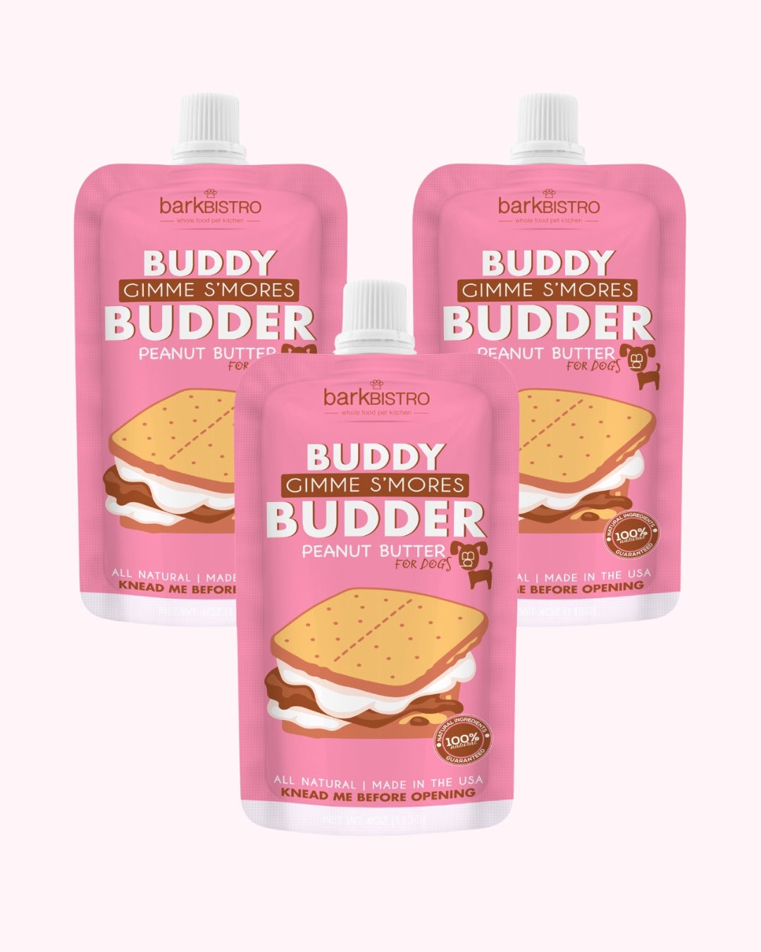 Gimme S'mores Buddy Budder Bundle (Trio 4oz Squeeze Packs) - 100% all natural dog peanut butter, Made in USA