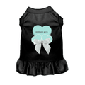 Black dog dress with teal heart graphic and white bow at the back hem