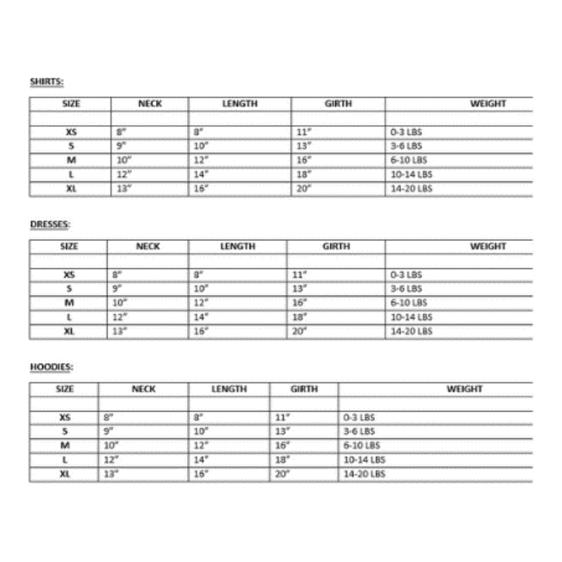 Pet dress size chart with XS–XL neck, length, girth, and weight measurements