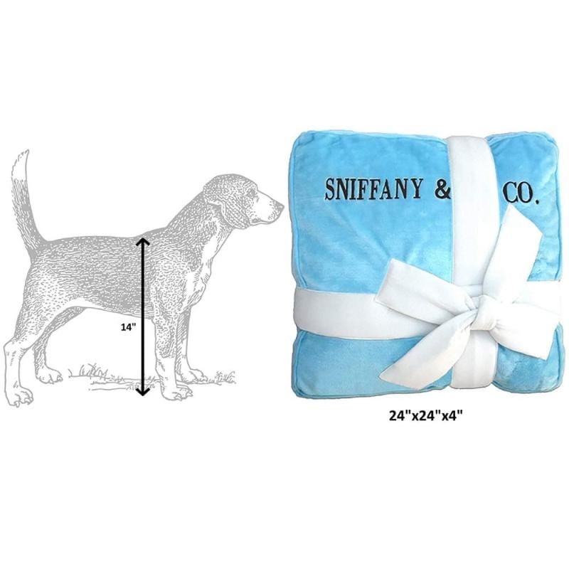Sniffany pet bed, light blue with white trim and bow; size 24x24x4 in