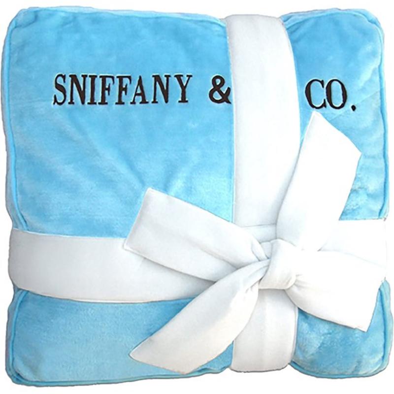 Sniffany pet bed, light blue blanket with white band and bow, 'SNIFFANY & CO.'