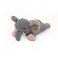 Plush elephant dog toy, gray striped body with pink feet and floppy tan ears.