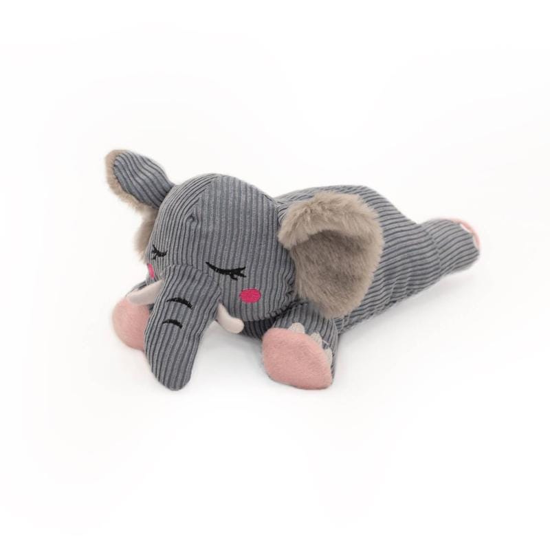 Plush elephant dog toy, gray striped body with pink feet and floppy tan ears.