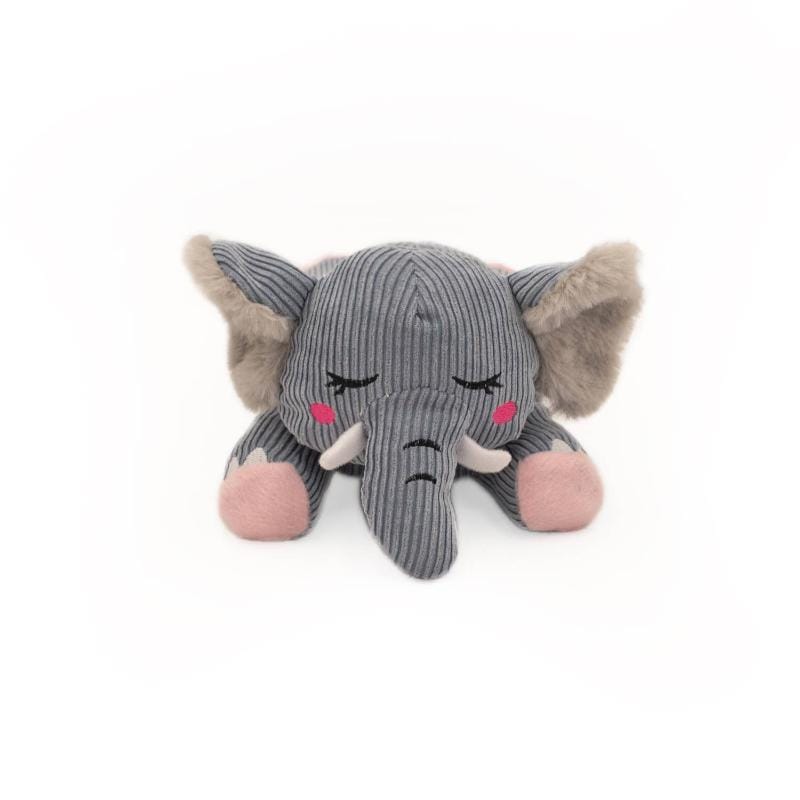 Plush elephant dog toy front view, gray fabric with sleepy eyes, pink paws, tan ears.