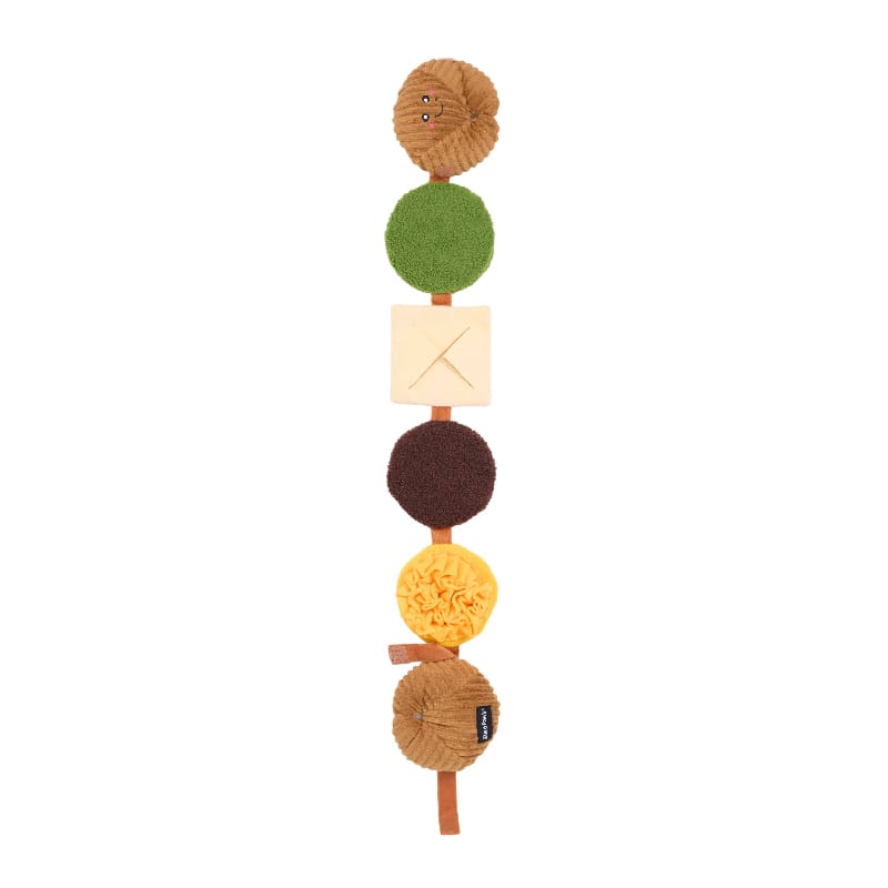 Hanging plush toy pieces on a string: brown bun, green circle, white square, dark and yellow
