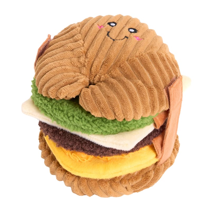 Stuffed plush dog toy shaped like a stacked breakfast sandwich, brown top with smiling face