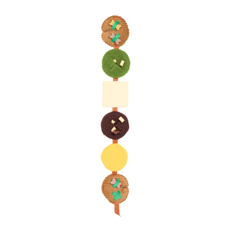 Hanging plush toy pieces strung together: round bun, green filling, white, dark brown, yellow