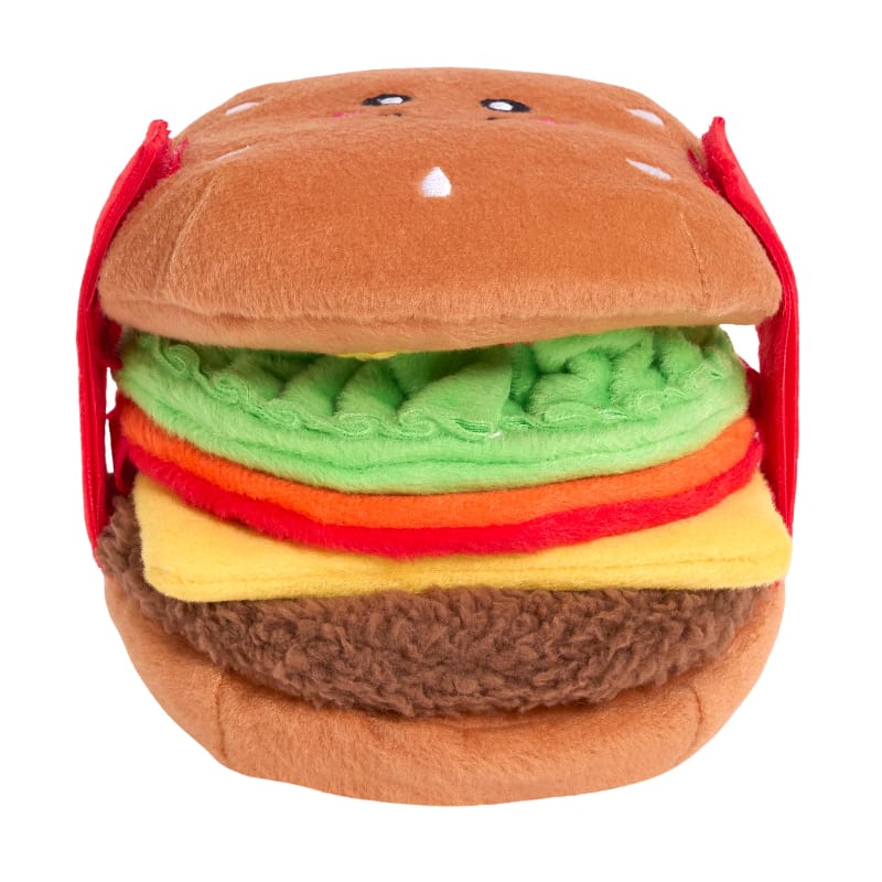 Cheeseburger plush dog toy with red side handles and smiling bun face