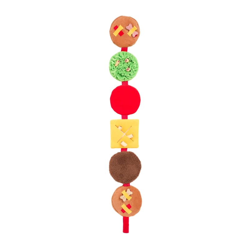 Dangling interactive plush dog toy with bun, cheese, lettuce, patty and red cord