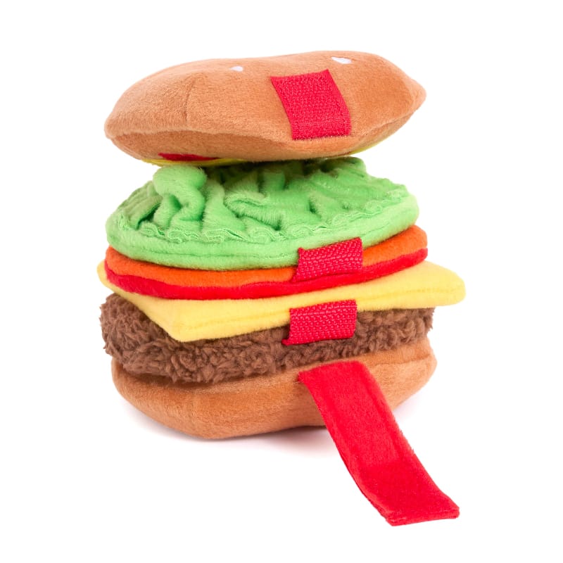 Stacked cheeseburger plush dog toy with green lettuce, yellow cheese, brown patty
