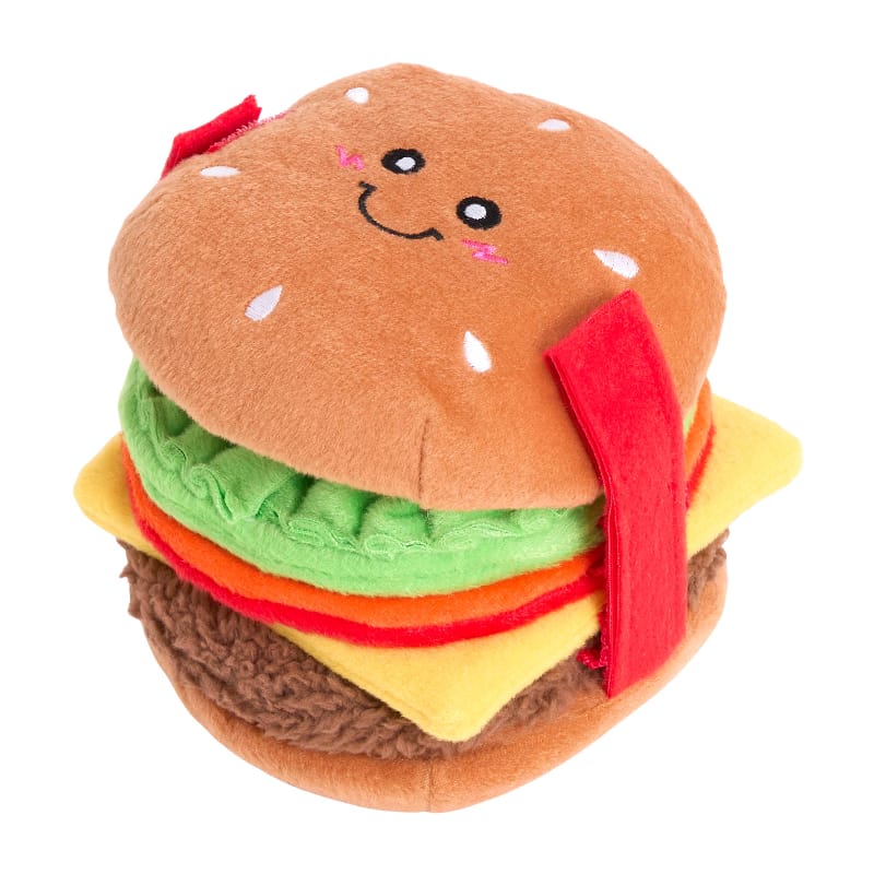 Cheeseburger-themed interactive plush dog toy with smiling bun and red side tabs