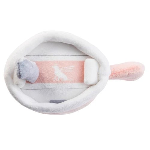 Blush plush cup toy with open top, soft interior, and gray outer trim