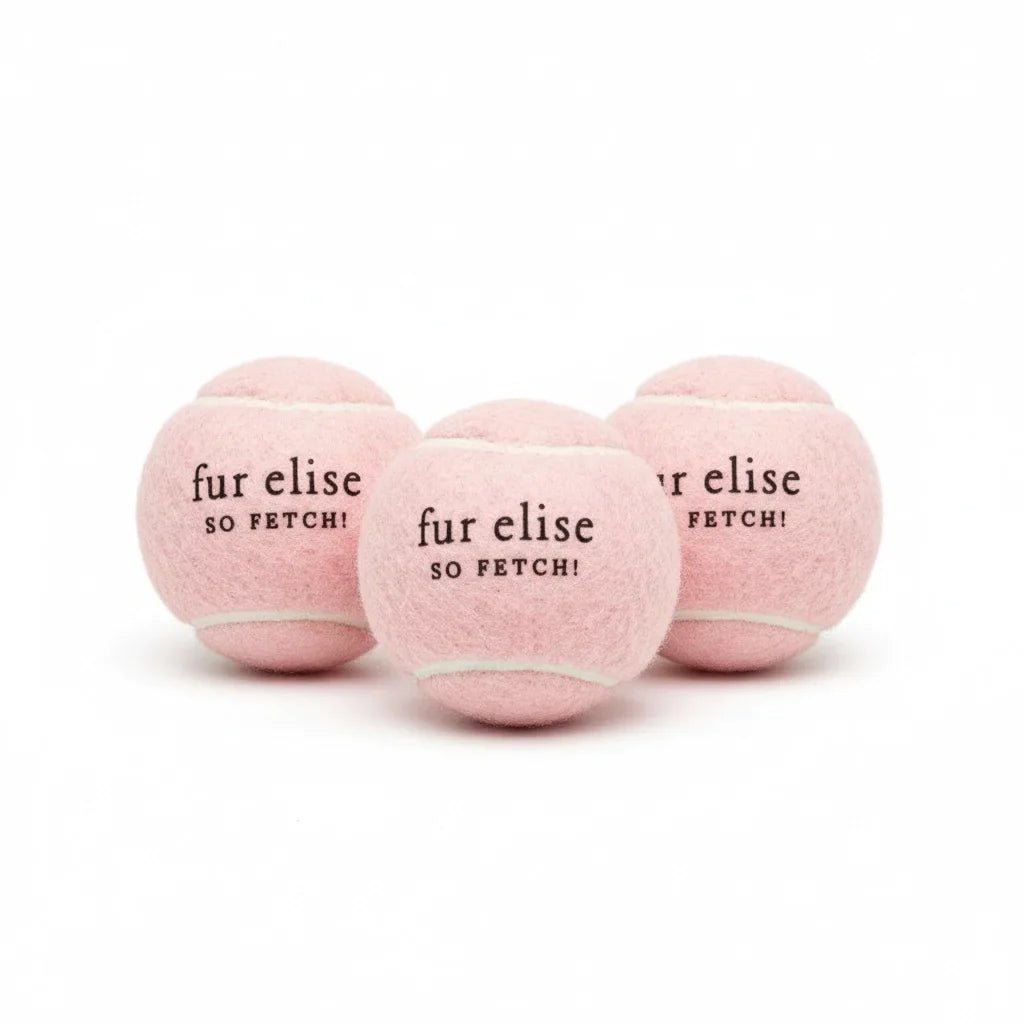 Blush plush tennis ball set of 3 with 'fur elise' and 'SO FETCH!' print