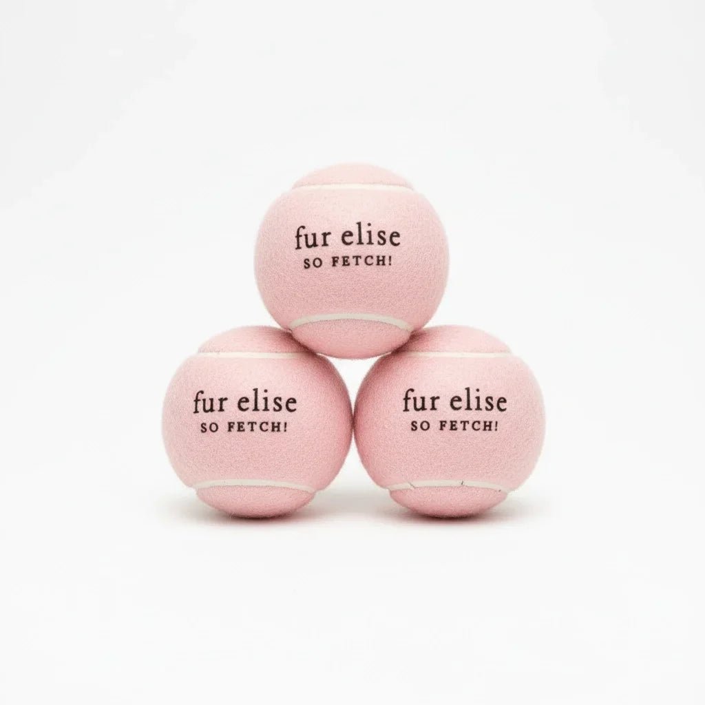 Blush plush tennis ball pack of 3 with 'fur elise' and 'SO FETCH!' logo