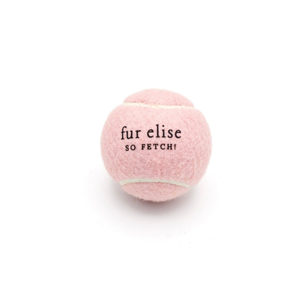 Blush plush tennis ball with 'fur elise' and 'SO FETCH!' text