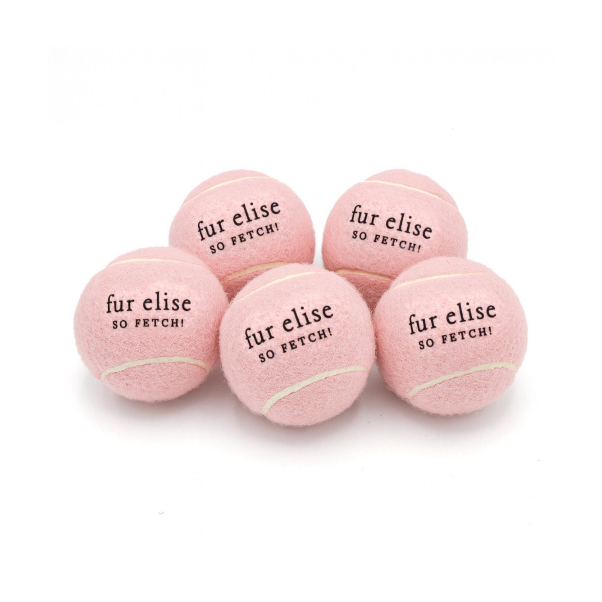 Blush plush dog tennis balls (5-pack) with 'fur elise' and 'so fetch!' text