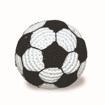 Crochet soccer ball toy with black and white pentagon-and-hexagon stitch pattern