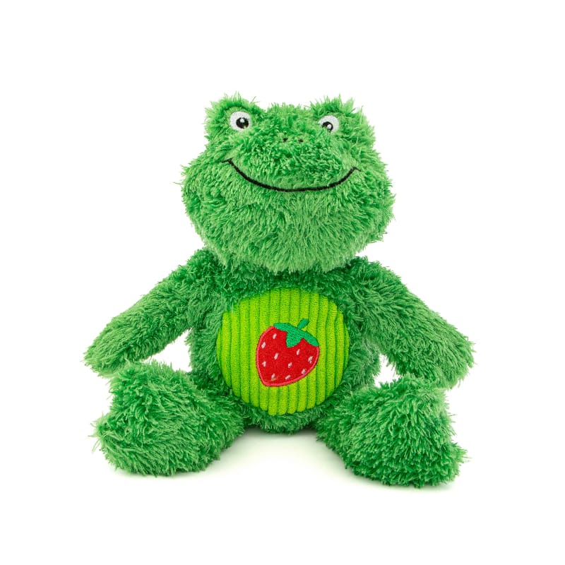 Green frog plush dog toy with striped belly and red strawberry patch