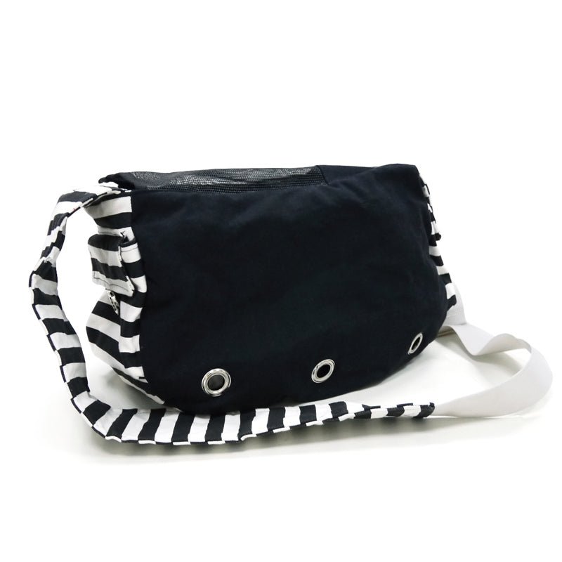Black soft sling bag with striped trim and adjustable shoulder strap