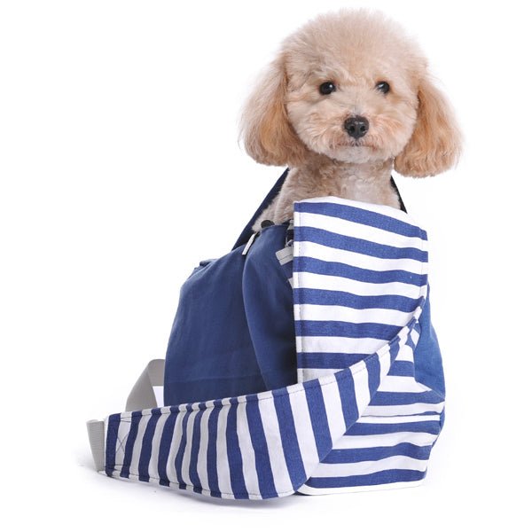 Blue soft sling bag with striped pouch-style pocket and adjustable strap