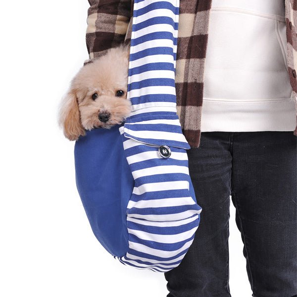 Soft sling bag in blue with white-and-navy striped strap and adjustable shoulder strap