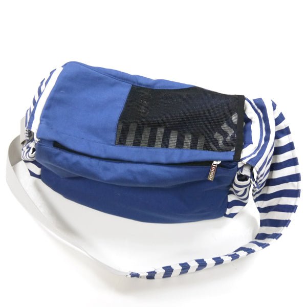 Blue sling bag with dark mesh panel and striped interior lining