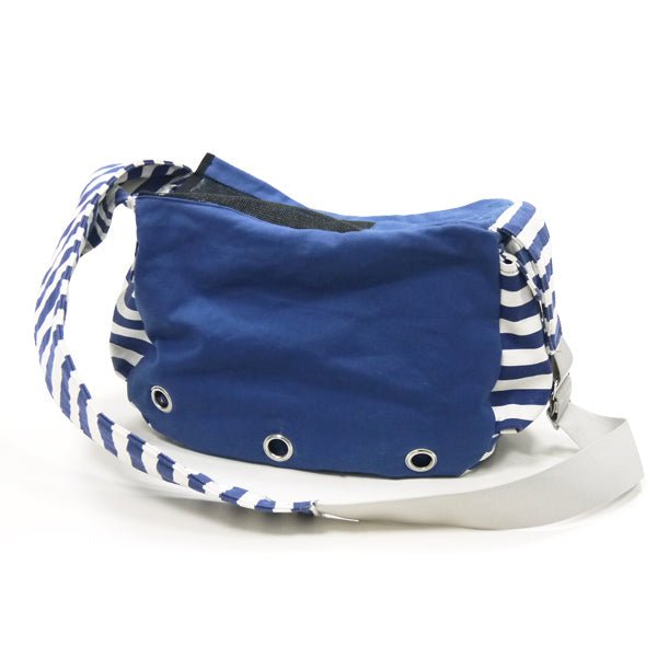 Blue soft sling bag side view with striped accents and metal grommets