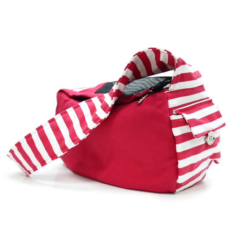 Soft sling bag in red with white-and-red striped side panels and front closure