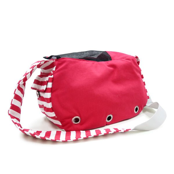 Soft sling bag in red with white-and-red striped trim and grommet-style eyelets