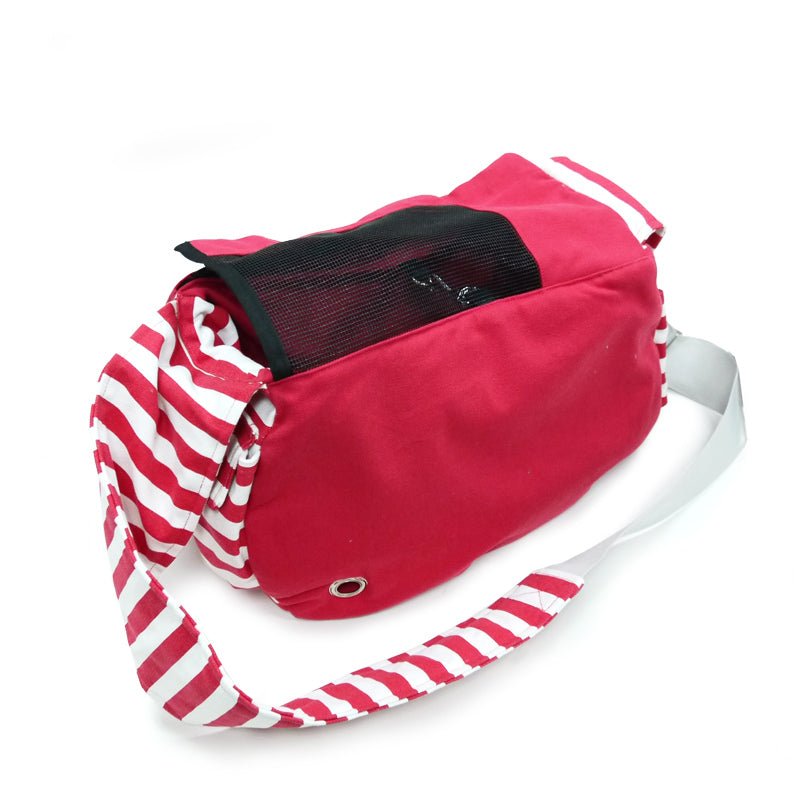 Soft sling bag in red with black mesh top panel and white-and-red striped trim