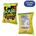 Sour Scratch Pups plush dog toy, green double-sided pouch with colorful graphic and label