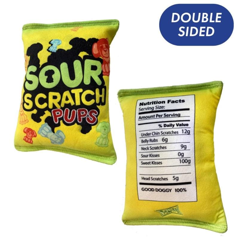 Sour Scratch Pups plush dog toy, green double-sided pouch with colorful graphic and label