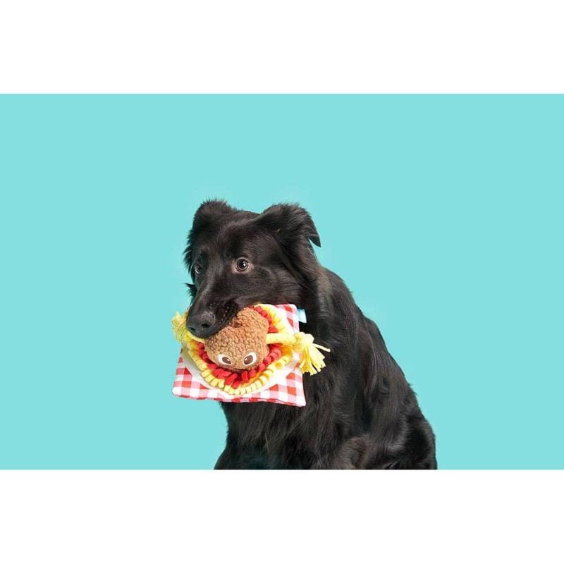 Stuffed dog toy on red gingham scarf with brown meatball plush face, held in dog mouth