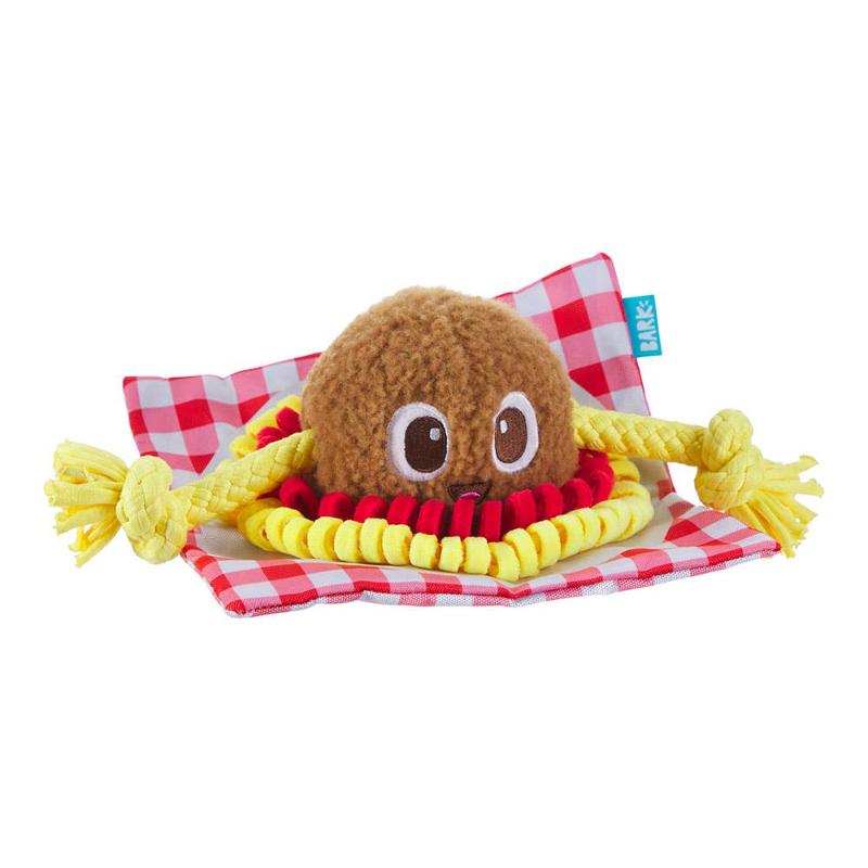 Stuffed dog toy with brown meatball plush face, yellow rope spaghetti, red gingham mat