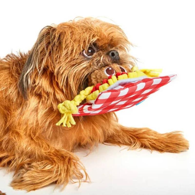 Stuffed dog toy on red gingham scarf with brown meatball plush face and yellow rope spaghetti