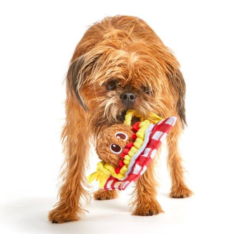 Stuffed dog toy in red gingham scarf with brown meatball plush face, yellow spaghetti