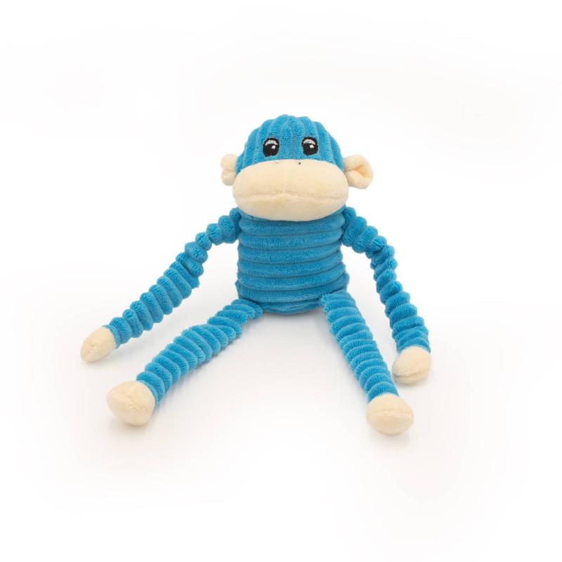 Blue plush monkey dog toy with crinkle texture and smiling face