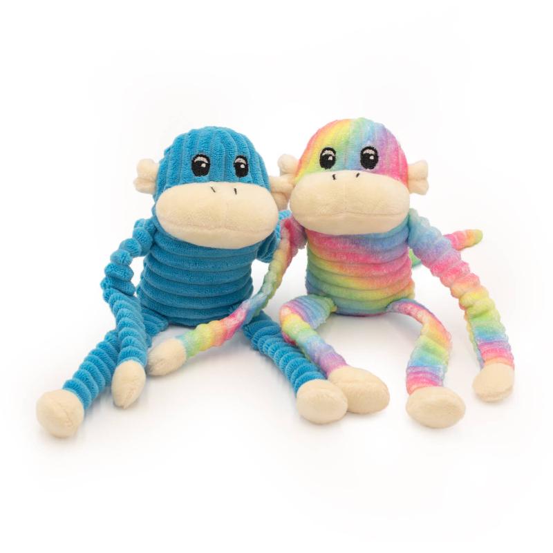 2-pack plush monkey dog toys: blue crinkle style and rainbow tie-dye style