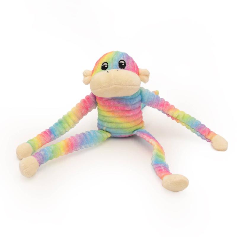 Rainbow plush monkey dog toy with crinkle texture and smiling face